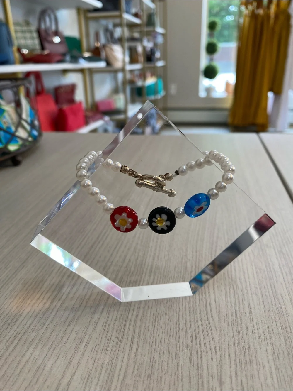 Handmade Pearl Glass  Bracelet with Colorful Flower Beads